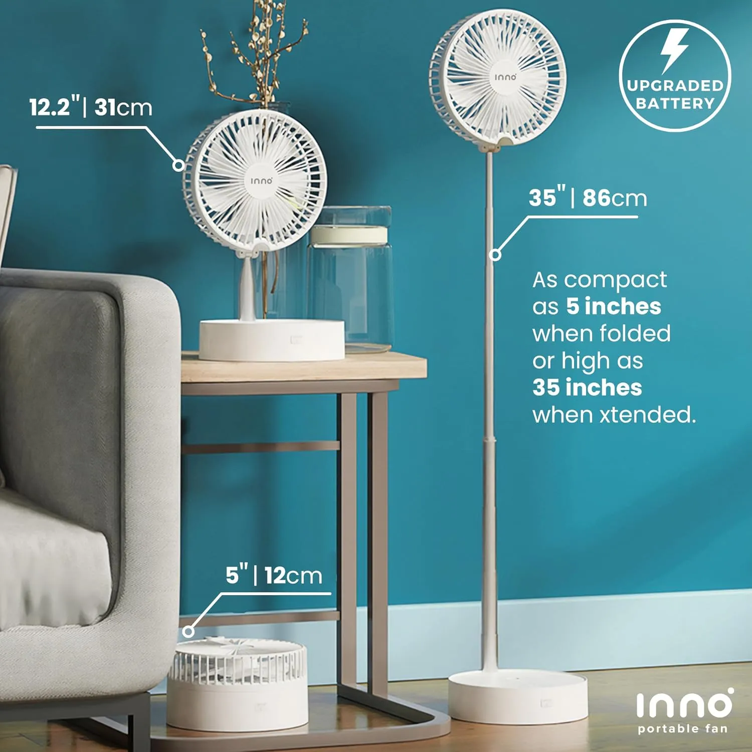 Upgraded 10,000 mAh Battery- INNO Portable Fan & Essential Oil Diffuser  Foldable Standing or Desk Fan with Night Light, Air Diffuser, Humidifier  28 Hr. Run Time White