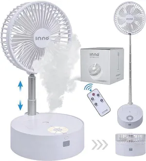 Upgraded 10,000 mAh Battery- INNO Portable Fan & Essential Oil Diffuser  Foldable Standing or Desk Fan with Night Light, Air Diffuser, Humidifier  28 Hr. Run Time White Desktop fan with humidification feature
