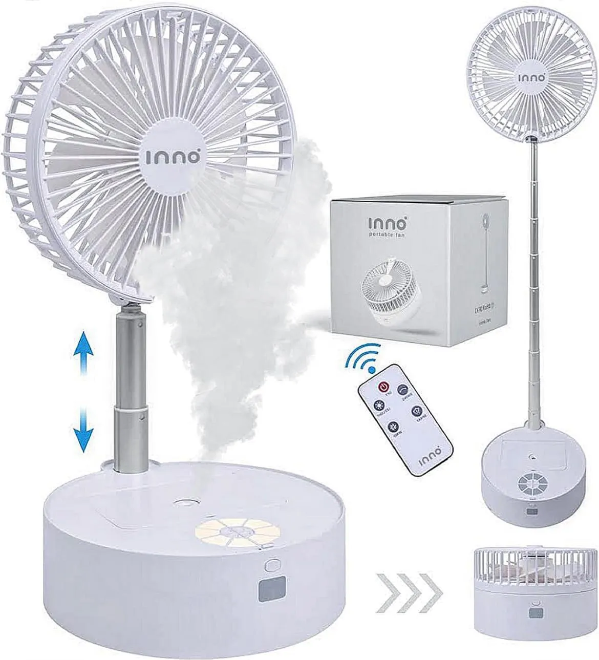 Upgraded 10,000 mAh Battery- INNO Portable Fan & Essential Oil Diffuser  Foldable Standing or Desk Fan with Night Light, Air Diffuser, Humidifier  28 Hr. Run Time White Desktop fan with humidification feature