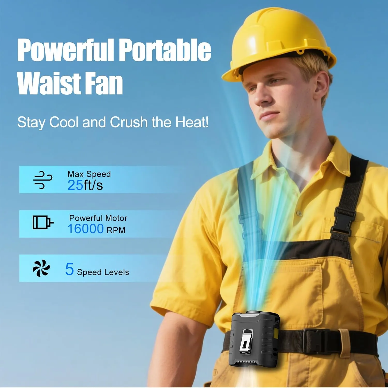 Upgraded Portable Waist Fan & Neck Fan, Up to 40H Runtime, 10000mAh Rechargeable Clip-On Belt Fan with 5-Speed 16000 RPM Turbo Airflow, Personal Wearable Fan for Outdoor Work, Camping, Travel - Black