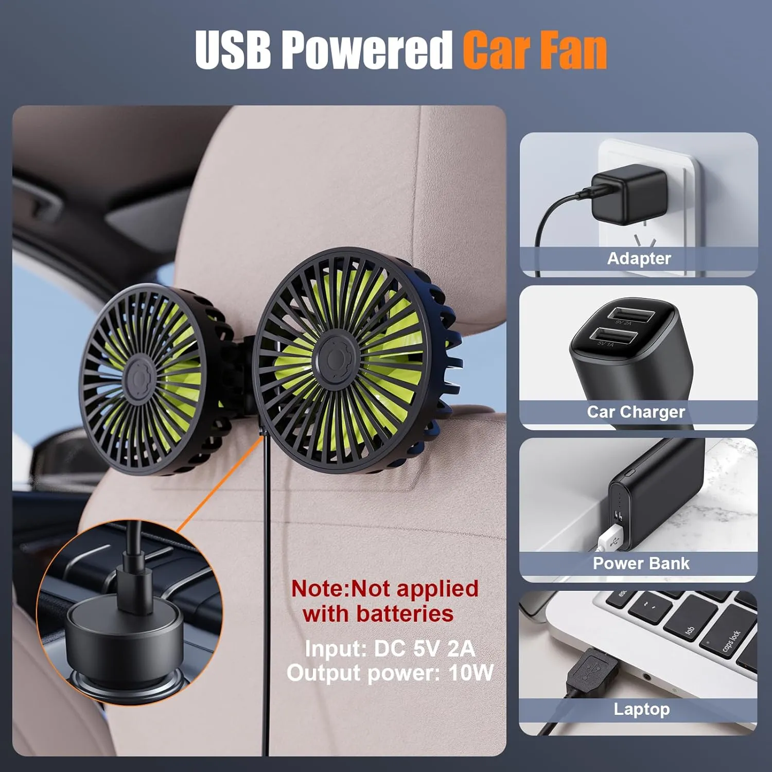USB Car Cooling Fans for Backseat: Dual Head Car Fan for Kids 3 Speeds 360 Rotatable Vehicle Rear Headrest Fans 5V Powerful Electric Air Circulation Fan for Sedan SUV RV Truck (USB Plug)