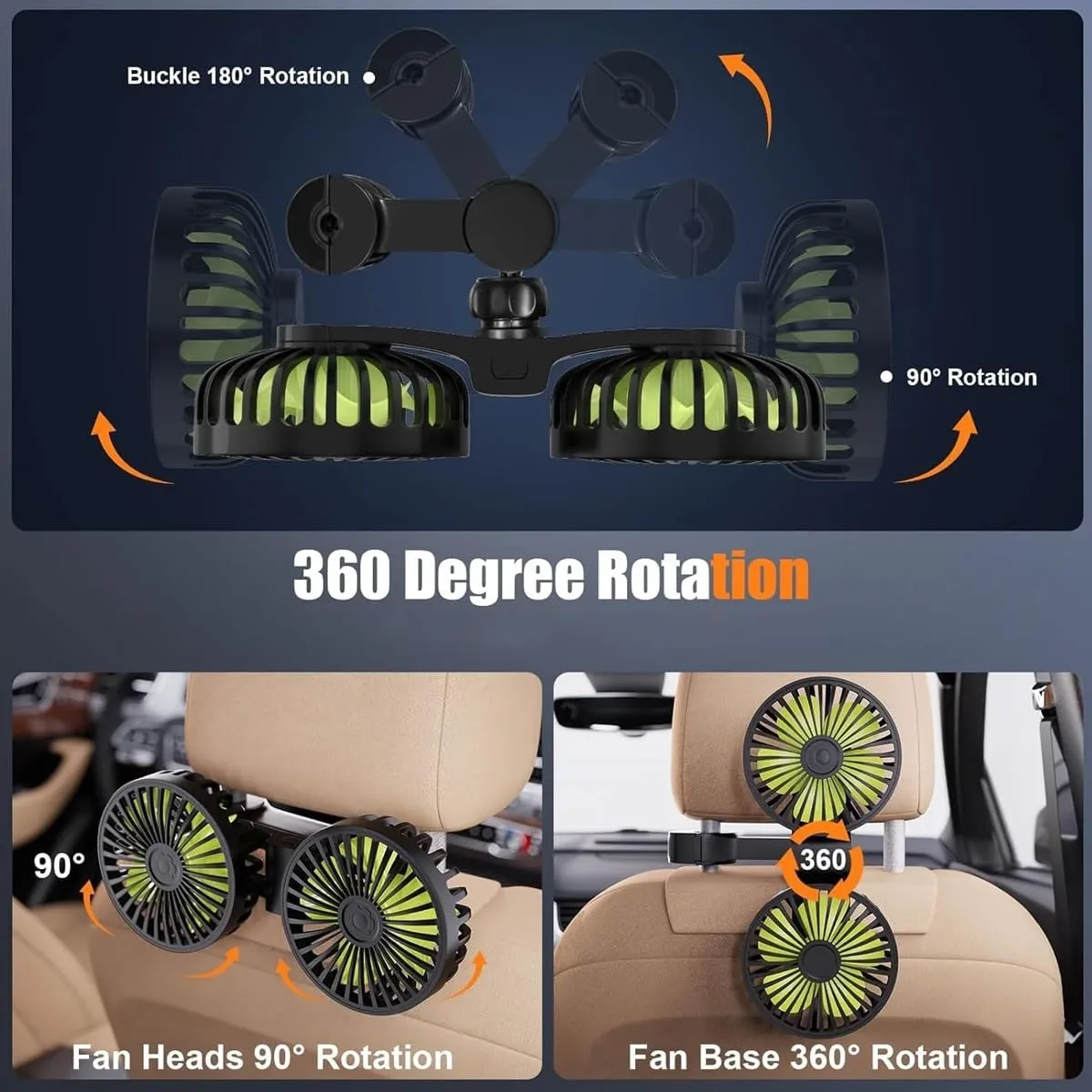 USB Car Cooling Fans for Backseat: Dual Head Car Fan for Kids 360 Rotatable Vehicle Rear Headrest, Powered Cooling Fans 3 Speed Separate Controlle, Powerful Electric Air Circulation Fan(Style B,1pc)
