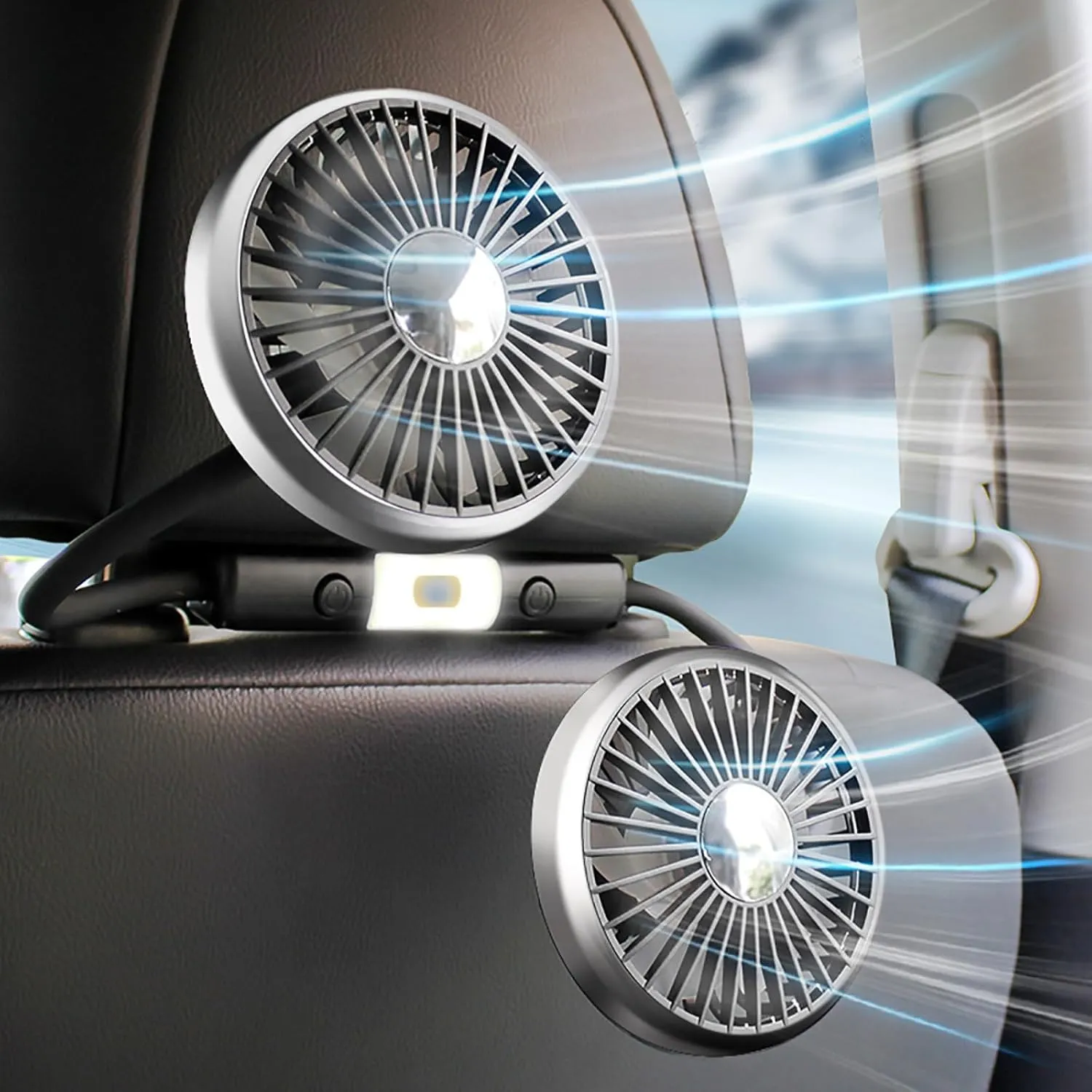 USB Car Fan for Backseat: Dual Back Seat Fans for Kids Independently Controlled Heads and 2 LED Lights 360 Rotatable Cooling Air Conditioner 3 Speeds Headrest Auto Cooler for Sedan SUV RV Truck Van Rear-mounted fan for childrens safety