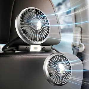 USB Car Fan for Backseat: Dual Back Seat Fans for Kids Independently Controlled Heads and 2 LED Lights 360 Rotatable Cooling Air Conditioner 3 Speeds Headrest Auto Cooler for Sedan SUV RV Truck Van Rear-mounted fan for childrens safety