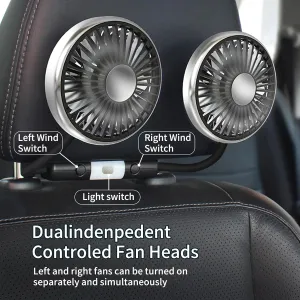 USB Car Fan for Backseat - Dual Head 360 Rotatable Car Cooling Fan with 3 Speeds, Strong Airflow & Quiet Operation - Flexible Clip Design for Cars, Trucks and Long Drives 360-degree rotating fan for home use