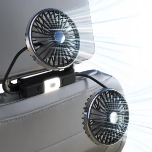 USB Car Fan for Backseat, Dual Head Car Cooling Fan, 2 LED Lights 3 Speeds 360 Rotatable Quiet Brushless Motor for Front/Rear Passengers Kids and Dogs, Electric Air Circulation Fan for RV SUV Truck Rear-mounted fan for childrens safety