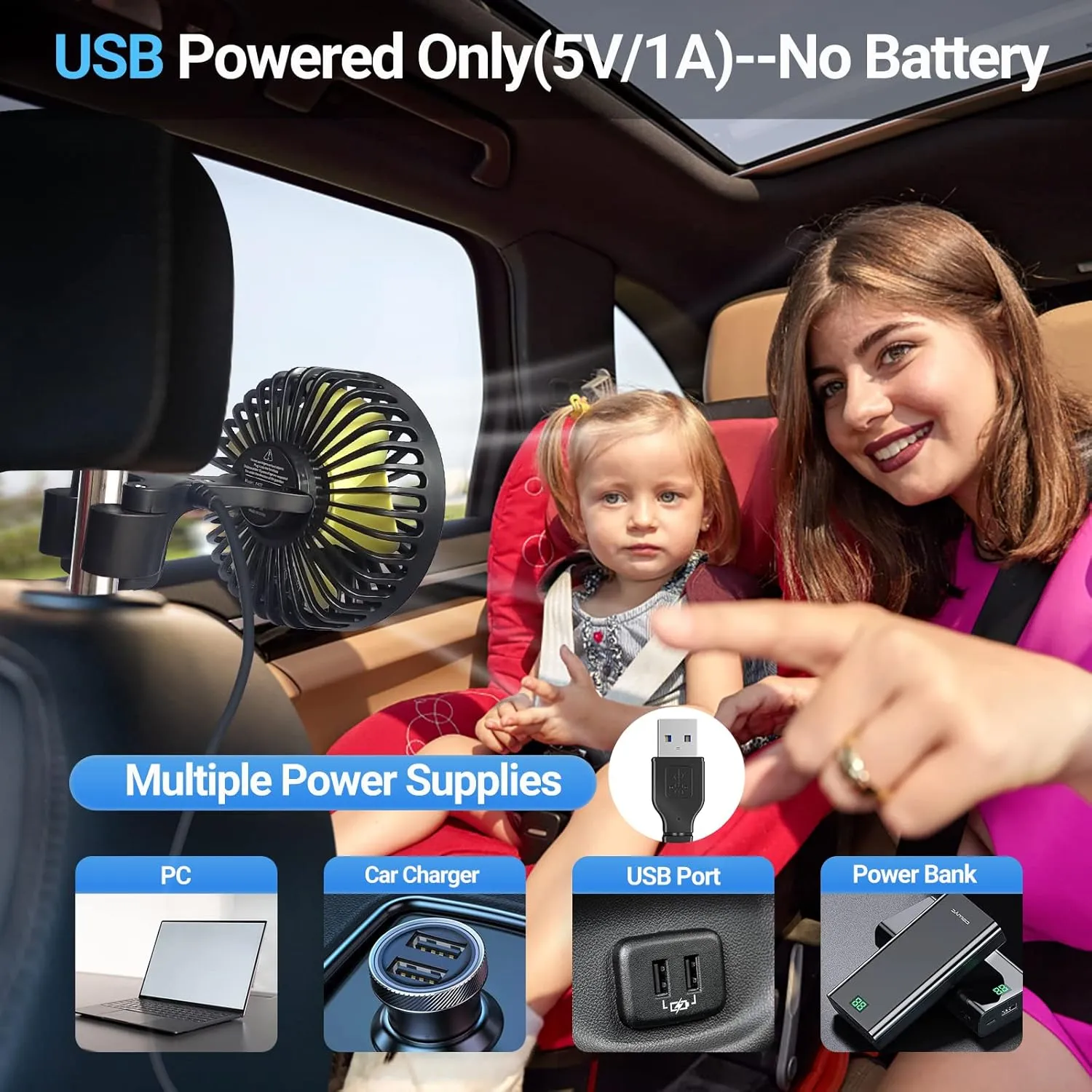 USB Car Seat Fans for Backseat Baby, Electric 5V USB Car Cooling Fan for Car Rear Seat Baby Kids Passengers(USB Powered Only, No Battery)
