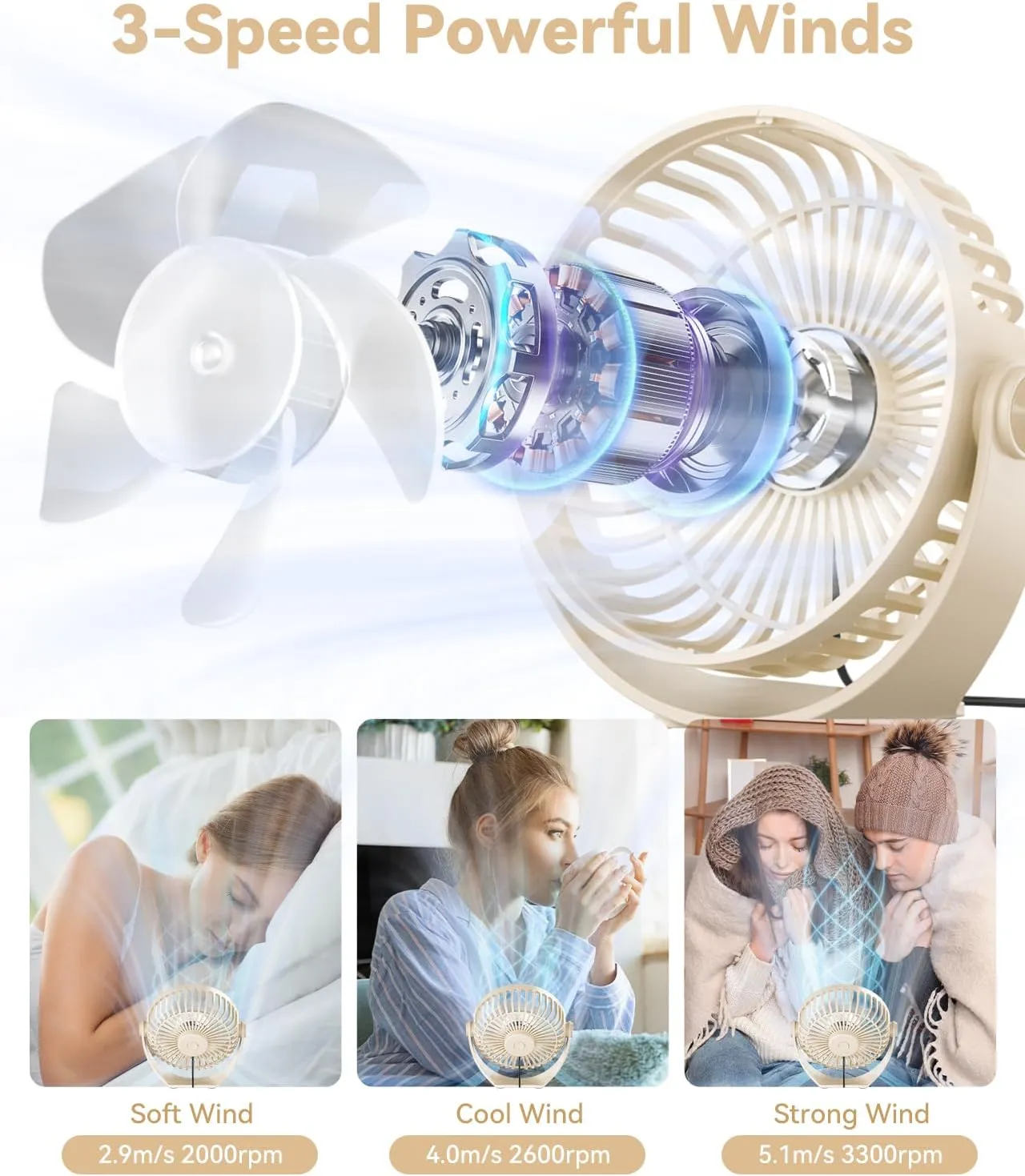 USB Desk Fan, 5 Inch Mini Portable, 3 Speeds Strong Airflow Personal Desktop, Detachable Cooling Fan 360 Rotation Quiet Small Fan for Desk Home Office Travel Car, Beige, 5ft Cable