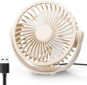 USB Desk Fan, 5 Inch Mini Portable, 3 Speeds Strong Airflow Personal Desktop, Detachable Cooling Fan 360 Rotation Quiet Small Fan for Desk Home Office Travel Car, Beige, 5ft Cable USB desktop fan for workspace