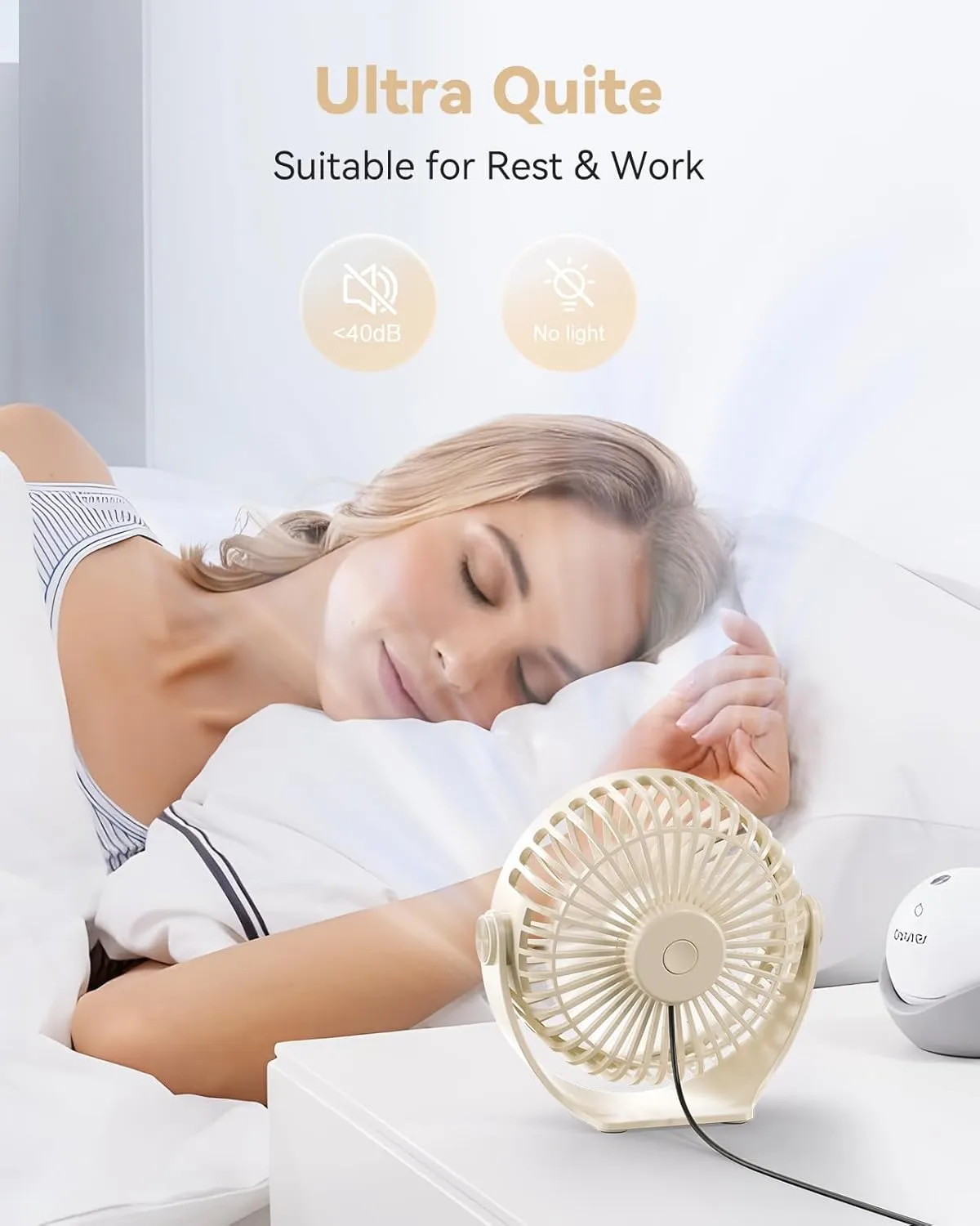 USB Desk Fan, 5 Inch Mini Portable, 3 Speeds Strong Airflow Personal Desktop, Detachable Cooling Fan 360 Rotation Quiet Small Fan for Desk Home Office Travel Car, Beige, 5ft Cable