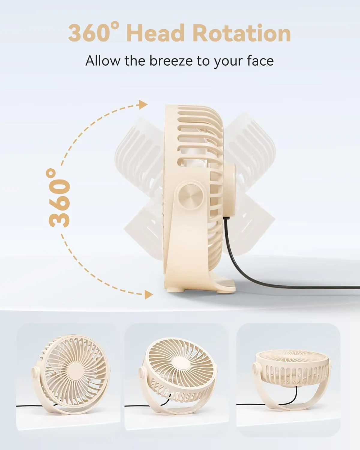 USB Desk Fan, 5 Inch Mini Portable, 3 Speeds Strong Airflow Personal Desktop, Detachable Cooling Fan 360 Rotation Quiet Small Fan for Desk Home Office Travel Car, Beige, 5ft Cable