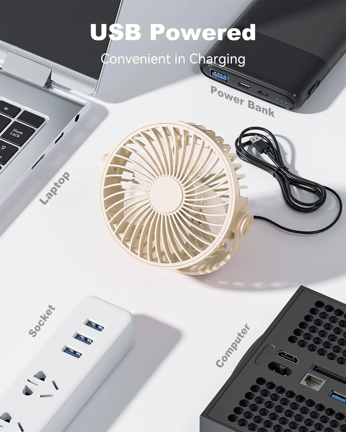USB Desk Fan, 5 Inch Mini Portable, 3 Speeds Strong Airflow Personal Desktop, Detachable Cooling Fan 360 Rotation Quiet Small Fan for Desk Home Office Travel Car, Beige, 5ft Cable