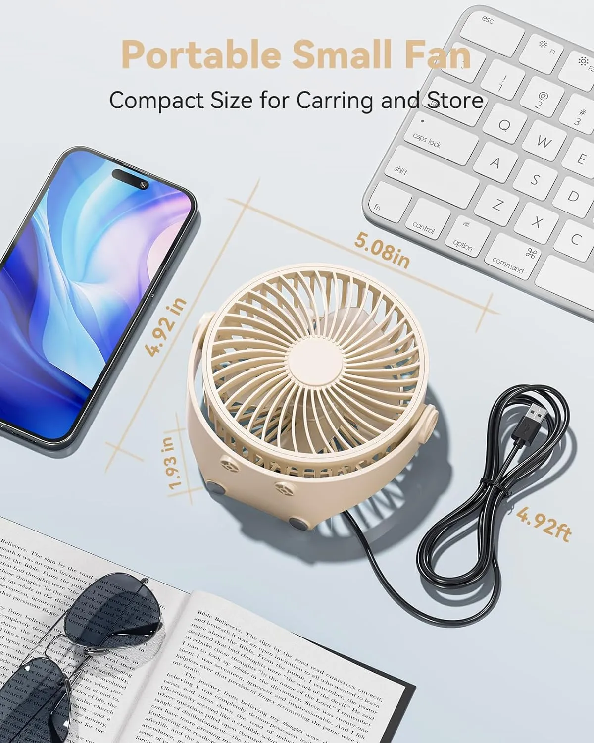 USB Desk Fan, 5 Inch Mini Portable, 3 Speeds Strong Airflow Personal Desktop, Detachable Cooling Fan 360 Rotation Quiet Small Fan for Desk Home Office Travel Car, Beige, 5ft Cable