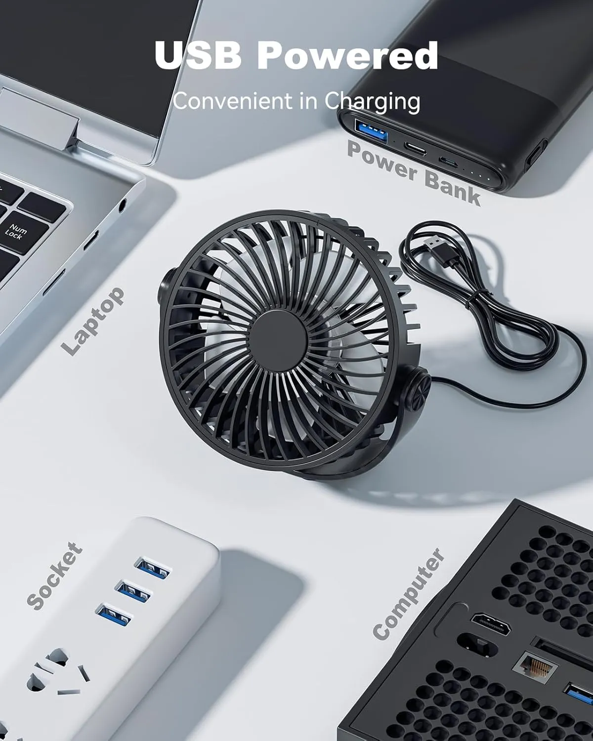 USB Desk Fan, 5 Inch Mini Portable, 3 Speeds Strong Airflow Personal Desktop, Detachable Cooling Fan 360 Rotation Quiet Small Fan for Desk Home Office Travel Car, Black, 5ft Cable