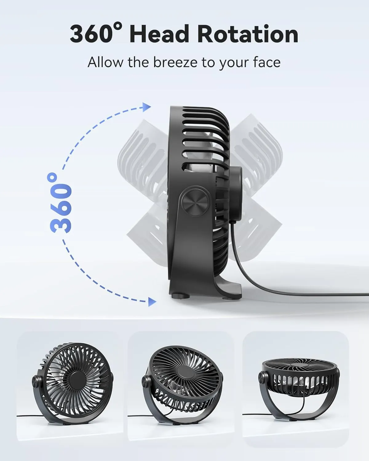 USB Desk Fan, 5 Inch Mini Portable, 3 Speeds Strong Airflow Personal Desktop, Detachable Cooling Fan 360 Rotation Quiet Small Fan for Desk Home Office Travel Car, Black, 5ft Cable