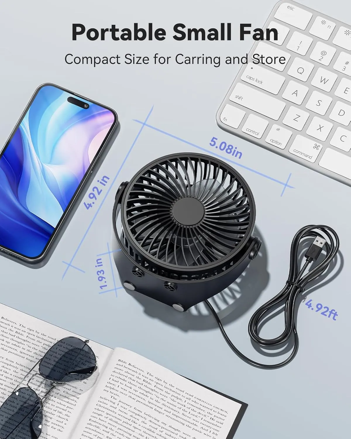USB Desk Fan, 5 Inch Mini Portable, 3 Speeds Strong Airflow Personal Desktop, Detachable Cooling Fan 360 Rotation Quiet Small Fan for Desk Home Office Travel Car, Black, 5ft Cable