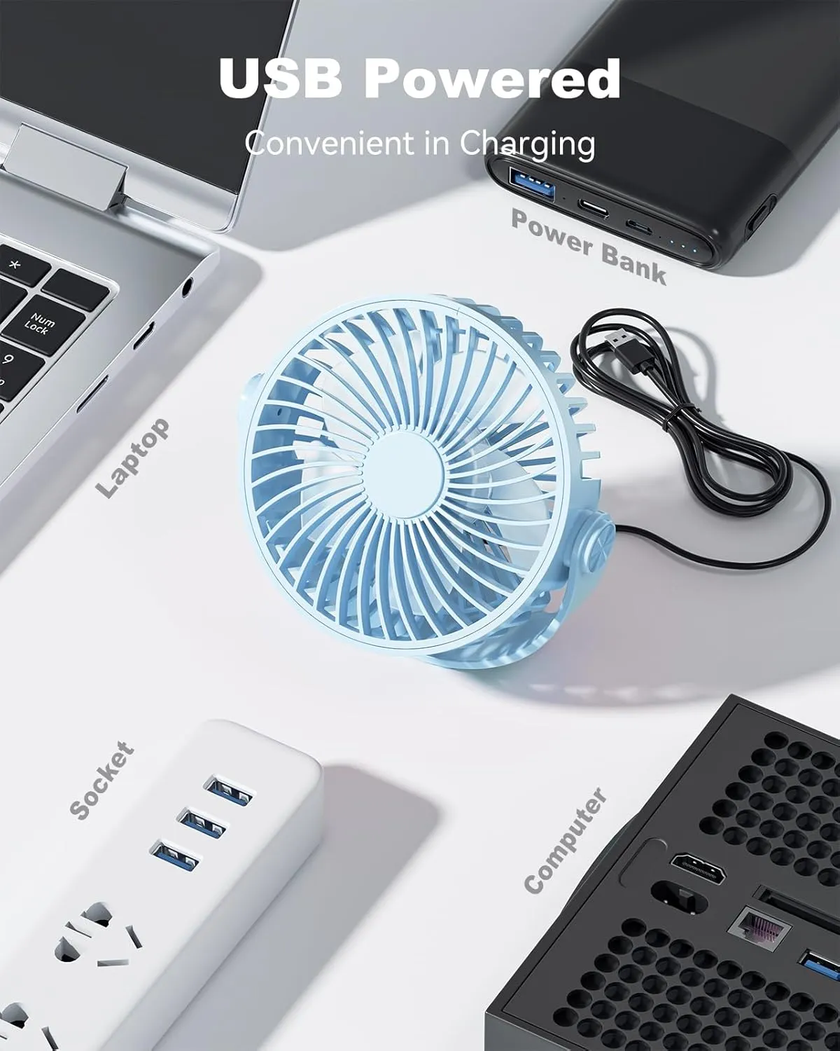 USB Desk Fan, 5 Inch Mini Portable, 3 Speeds Strong Airflow Personal Desktop, Detachable Cooling Fan 360 Rotation Quiet Small Fan for Desk Home Office Travel Car, Blue, 5ft Cable