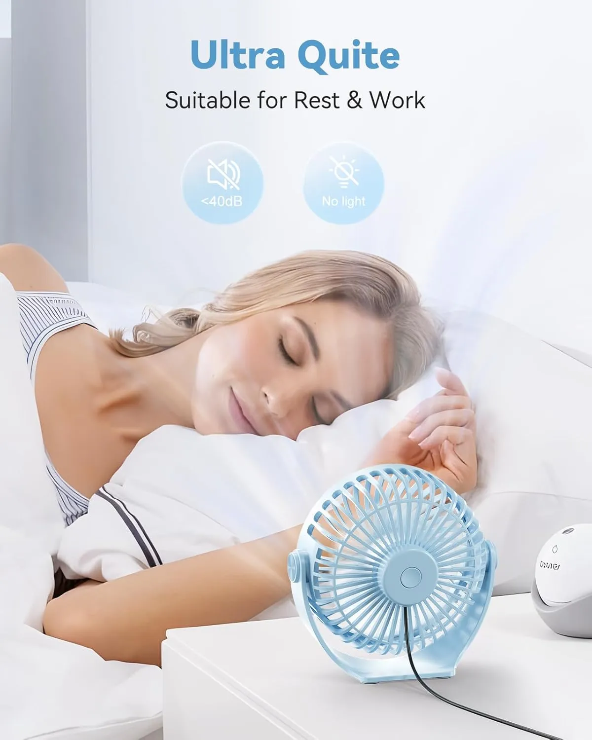USB Desk Fan, 5 Inch Mini Portable, 3 Speeds Strong Airflow Personal Desktop, Detachable Cooling Fan 360 Rotation Quiet Small Fan for Desk Home Office Travel Car, Blue, 5ft Cable