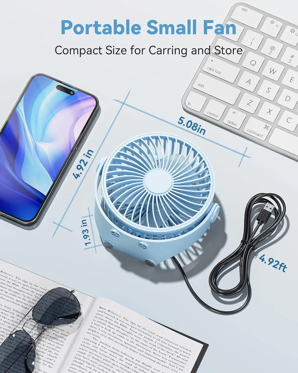 USB Desk Fan, 5 Inch Mini Portable, 3 Speeds Strong Airflow Personal Desktop, Detachable Cooling Fan 360 Rotation Quiet Small Fan for Desk Home Office Travel Car, Blue, 5ft Cable