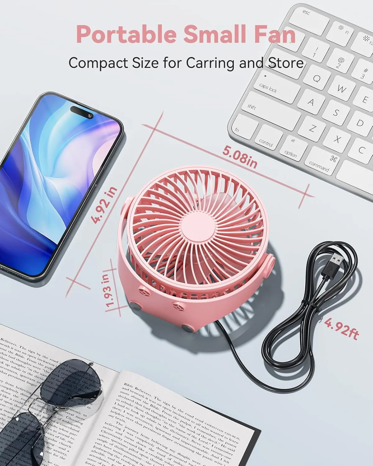 USB Desk Fan, 5 Inch Mini Portable, 3 Speeds Strong Airflow Personal Desktop, Detachable Cooling Fan 360 Rotation Quiet Small Fan for Desk Home Office Travel Car, Pink, 5ft Cable