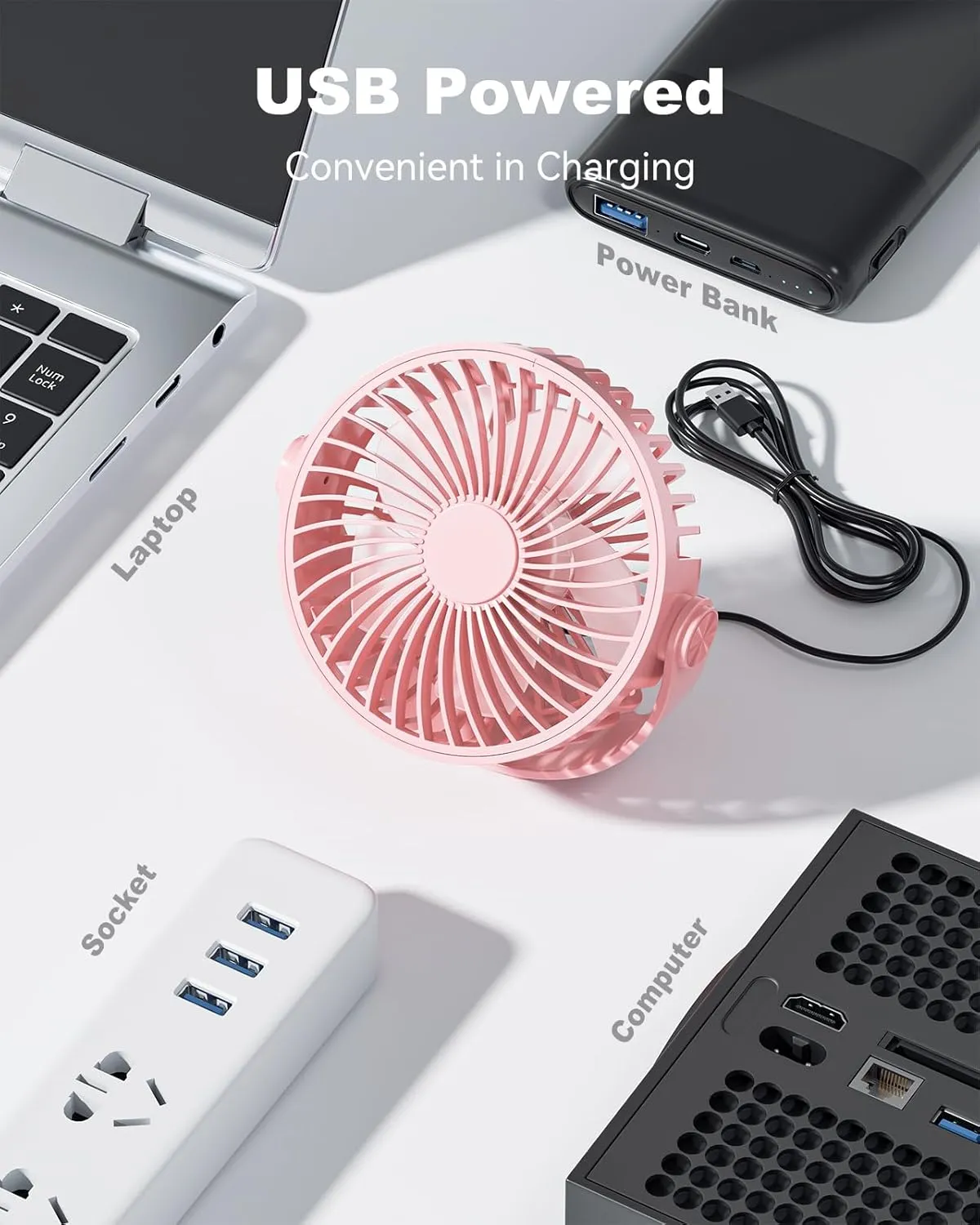 USB Desk Fan, 5 Inch Mini Portable, 3 Speeds Strong Airflow Personal Desktop, Detachable Cooling Fan 360 Rotation Quiet Small Fan for Desk Home Office Travel Car, Pink, 5ft Cable