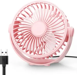 USB Desk Fan, 5 Inch Mini Portable, 3 Speeds Strong Airflow Personal Desktop, Detachable Cooling Fan 360 Rotation Quiet Small Fan for Desk Home Office Travel Car, Pink, 5ft Cable USB desktop fan for workspace