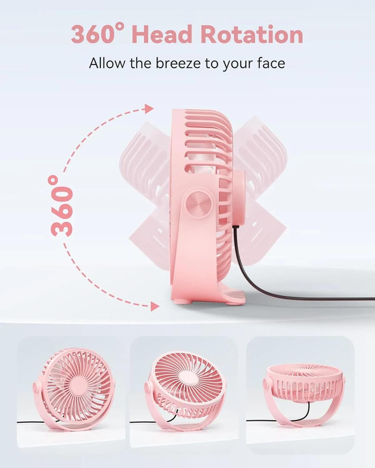 USB Desk Fan, 5 Inch Mini Portable, 3 Speeds Strong Airflow Personal Desktop, Detachable Cooling Fan 360 Rotation Quiet Small Fan for Desk Home Office Travel Car, Pink, 5ft Cable