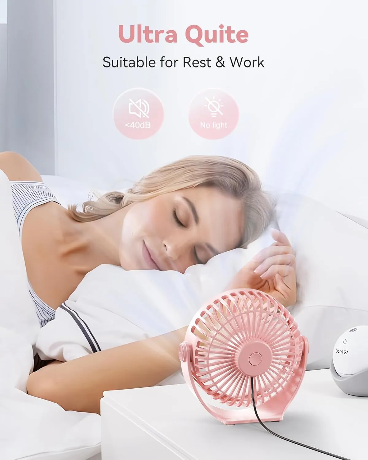 USB Desk Fan, 5 Inch Mini Portable, 3 Speeds Strong Airflow Personal Desktop, Detachable Cooling Fan 360 Rotation Quiet Small Fan for Desk Home Office Travel Car, Pink, 5ft Cable