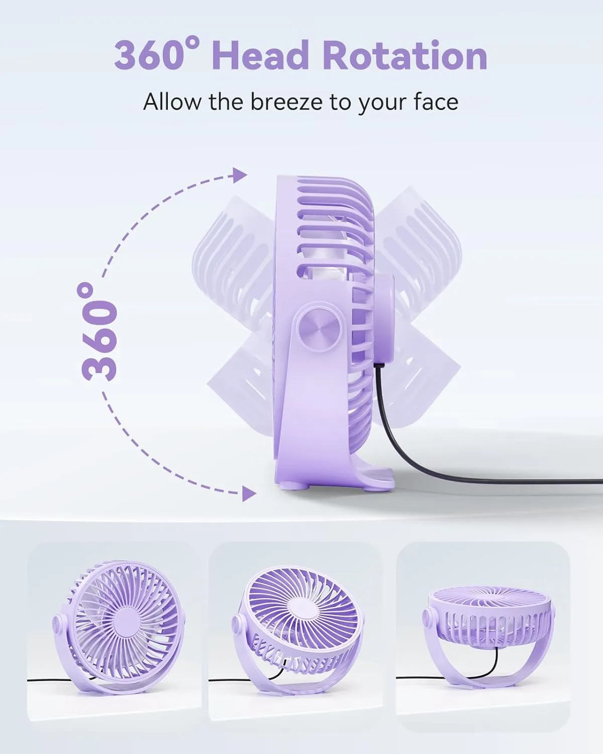 USB Desk Fan, 5 Inch Mini Portable, 3 Speeds Strong Airflow Personal Desktop, Detachable Cooling Fan 360 Rotation Quiet Small Fan for Desk Home Office Travel Car, Purple, 5ft Cable