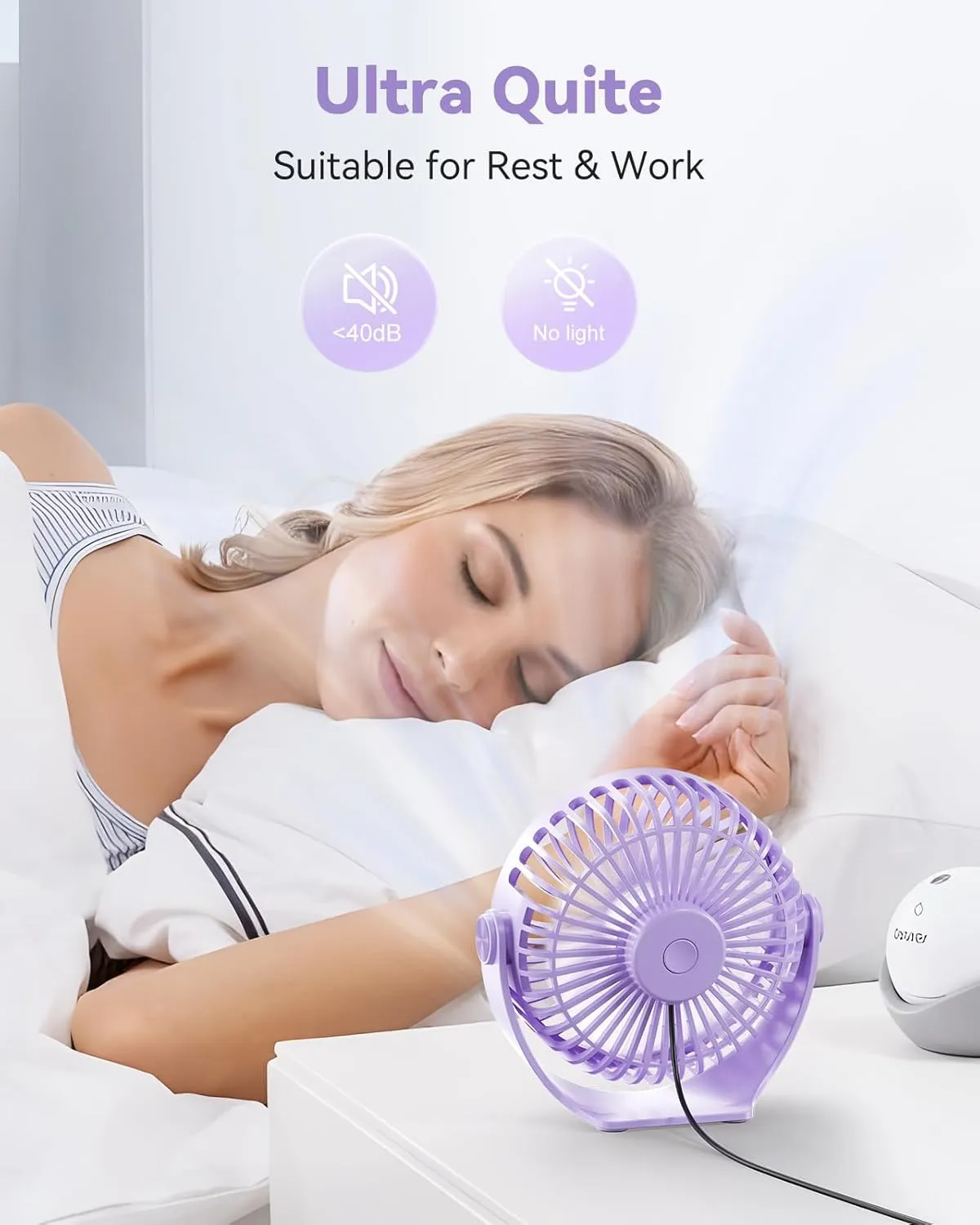 USB Desk Fan, 5 Inch Mini Portable, 3 Speeds Strong Airflow Personal Desktop, Detachable Cooling Fan 360 Rotation Quiet Small Fan for Desk Home Office Travel Car, Purple, 5ft Cable