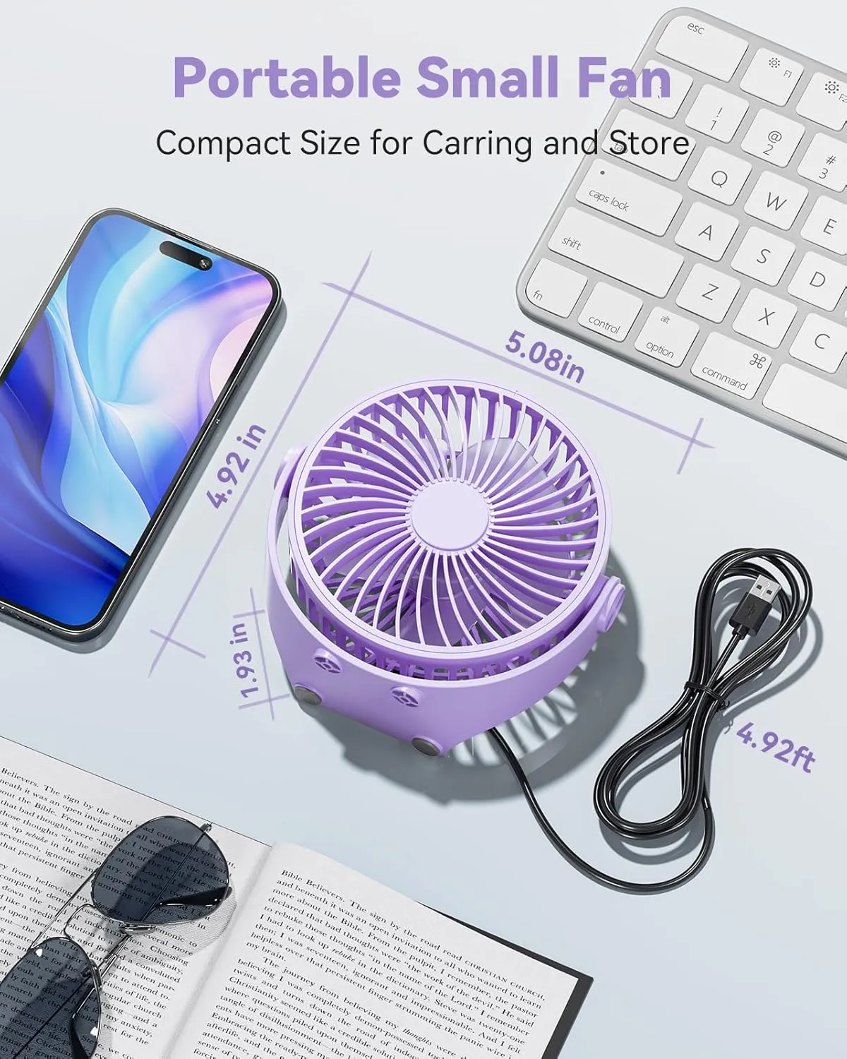 USB Desk Fan, 5 Inch Mini Portable, 3 Speeds Strong Airflow Personal Desktop, Detachable Cooling Fan 360 Rotation Quiet Small Fan for Desk Home Office Travel Car, Purple, 5ft Cable