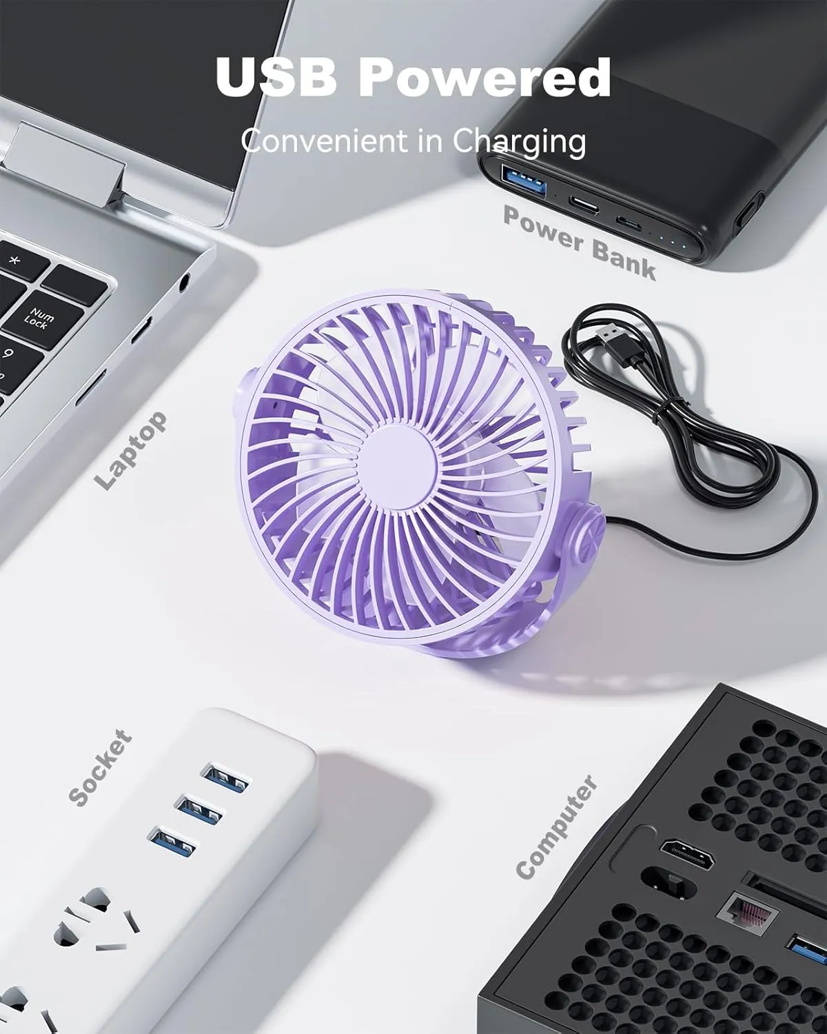 USB Desk Fan, 5 Inch Mini Portable, 3 Speeds Strong Airflow Personal Desktop, Detachable Cooling Fan 360 Rotation Quiet Small Fan for Desk Home Office Travel Car, Purple, 5ft Cable