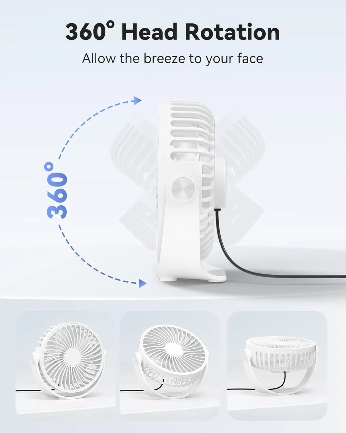 USB Desk Fan, 5 Inch Mini Portable, 3 Speeds Strong Airflow Personal Desktop, Detachable Cooling Fan 360 Rotation Quiet Small Fan for Desk Home Office Travel Car, White, 5ft Cable