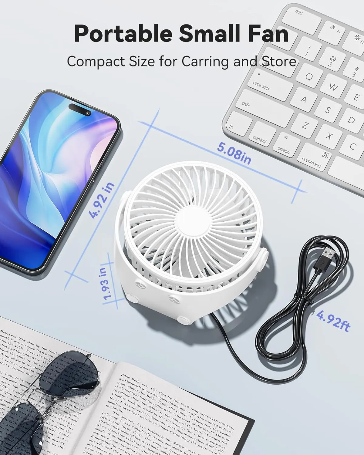 USB Desk Fan, 5 Inch Mini Portable, 3 Speeds Strong Airflow Personal Desktop, Detachable Cooling Fan 360 Rotation Quiet Small Fan for Desk Home Office Travel Car, White, 5ft Cable
