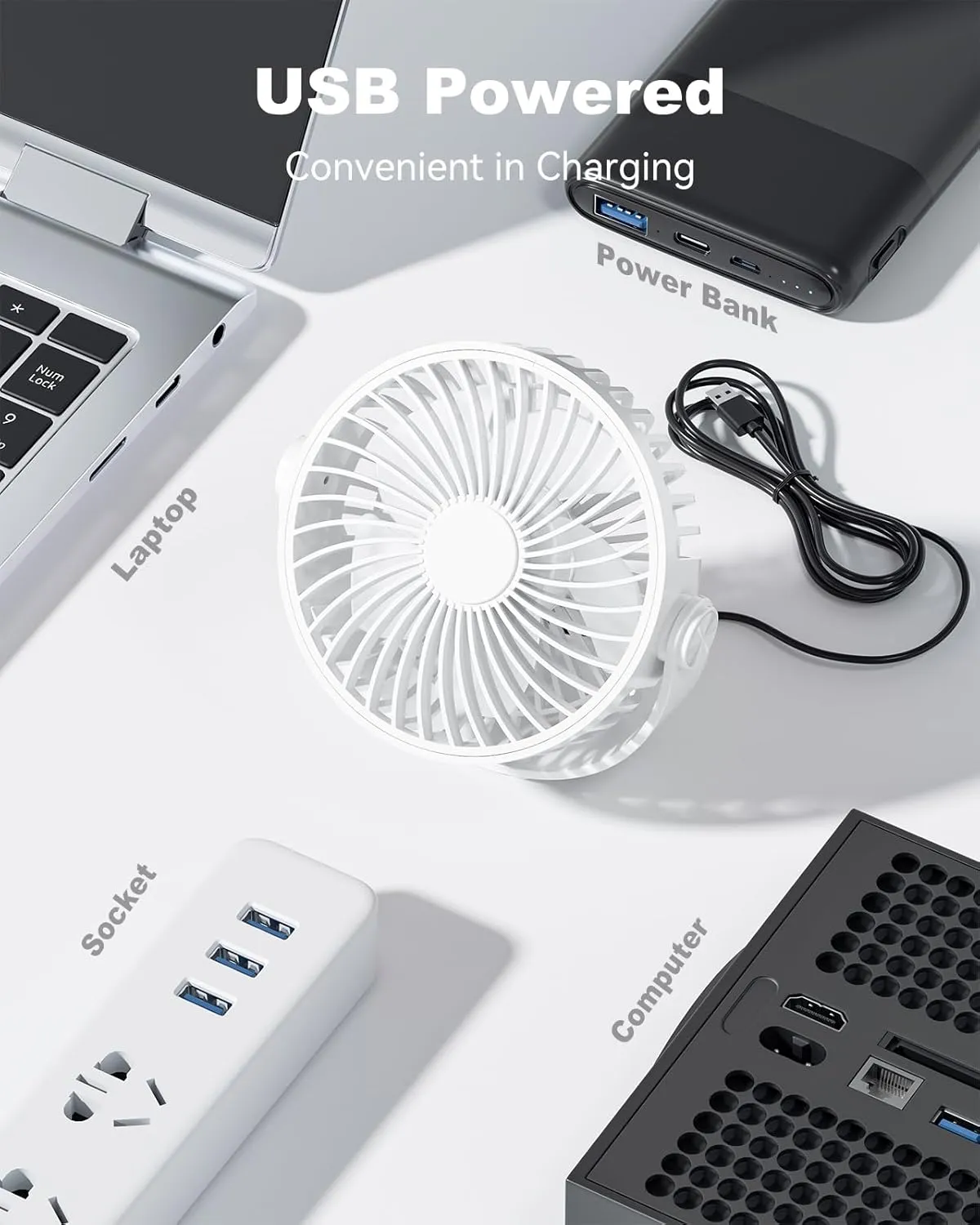 USB Desk Fan, 5 Inch Mini Portable, 3 Speeds Strong Airflow Personal Desktop, Detachable Cooling Fan 360 Rotation Quiet Small Fan for Desk Home Office Travel Car, White, 5ft Cable