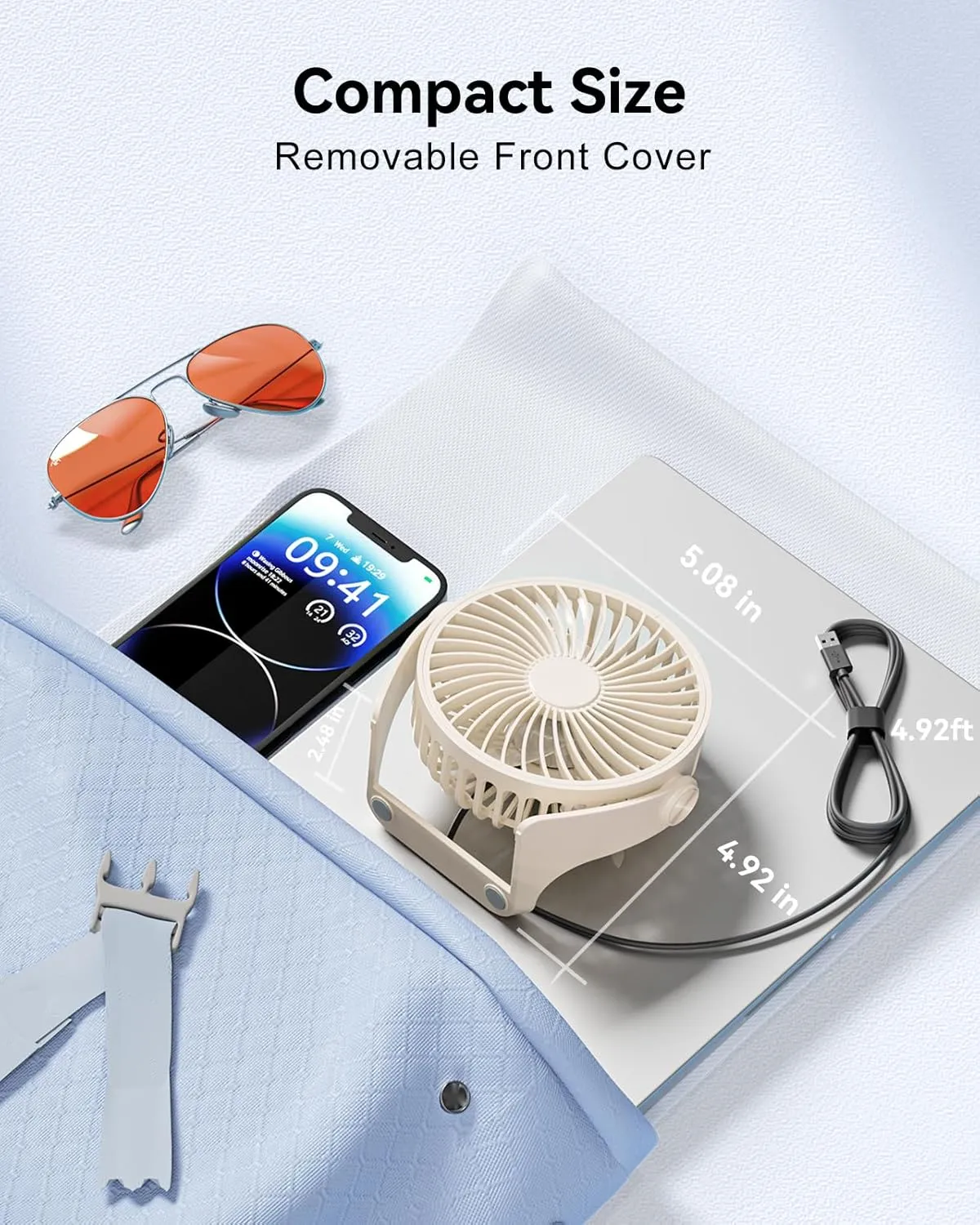 USB Desk Fan, 5 Inch Small Portable, 3 Speeds Powerful Wind Mini Personal Desktop Fan 360 Rotation Adjustable, Plug In USB Fan Quiet for Table Home Office Travel Car(Beige)