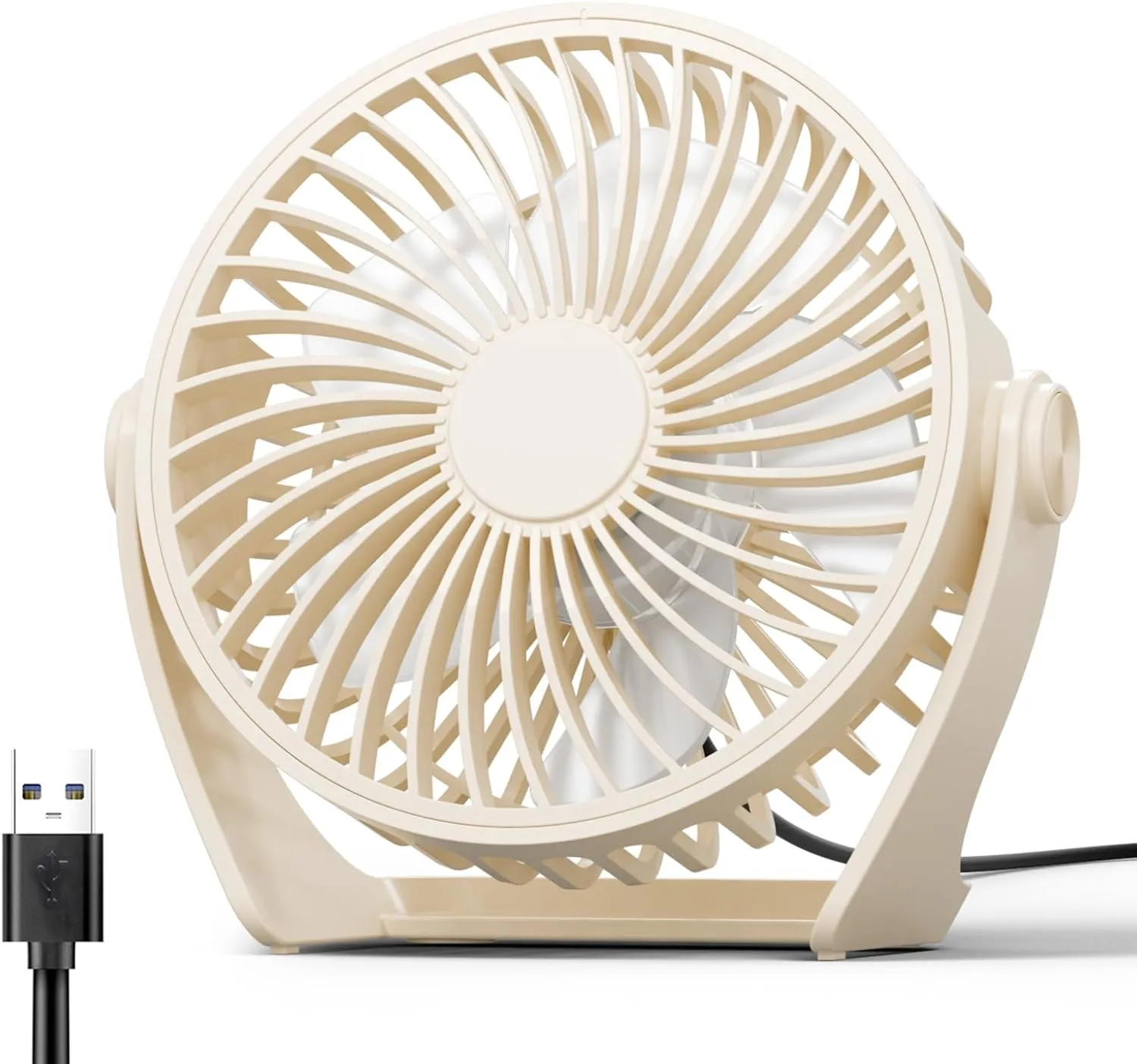 USB Desk Fan, 5 Inch Small Portable, 3 Speeds Powerful Wind Mini Personal Desktop Fan 360 Rotation Adjustable, Plug In USB Fan Quiet for Table Home Office Travel Car(Beige) USB desktop fan for workspace