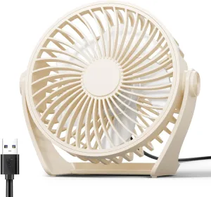 USB Desk Fan, 5 Inch Small Portable, 3 Speeds Powerful Wind Mini Personal Desktop Fan 360 Rotation Adjustable, Plug In USB Fan Quiet for Table Home Office Travel Car(Beige) USB desktop fan for workspace