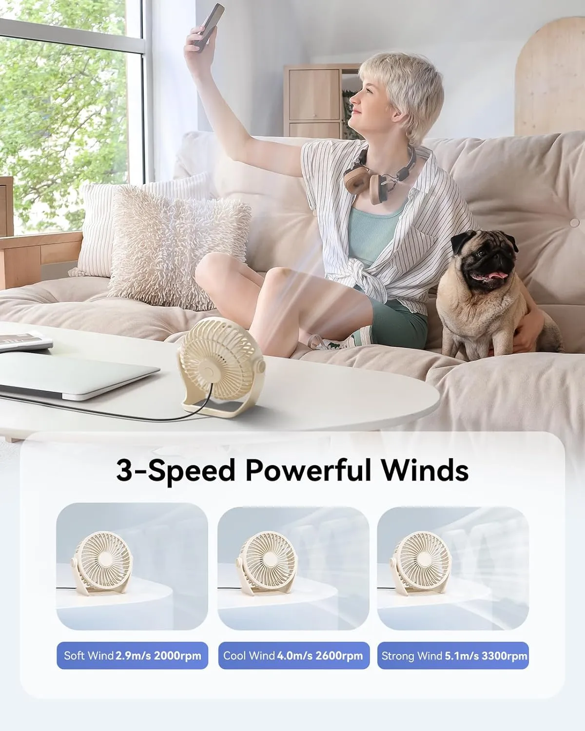 USB Desk Fan, 5 Inch Small Portable, 3 Speeds Powerful Wind Mini Personal Desktop Fan 360 Rotation Adjustable, Plug In USB Fan Quiet for Table Home Office Travel Car(Beige)