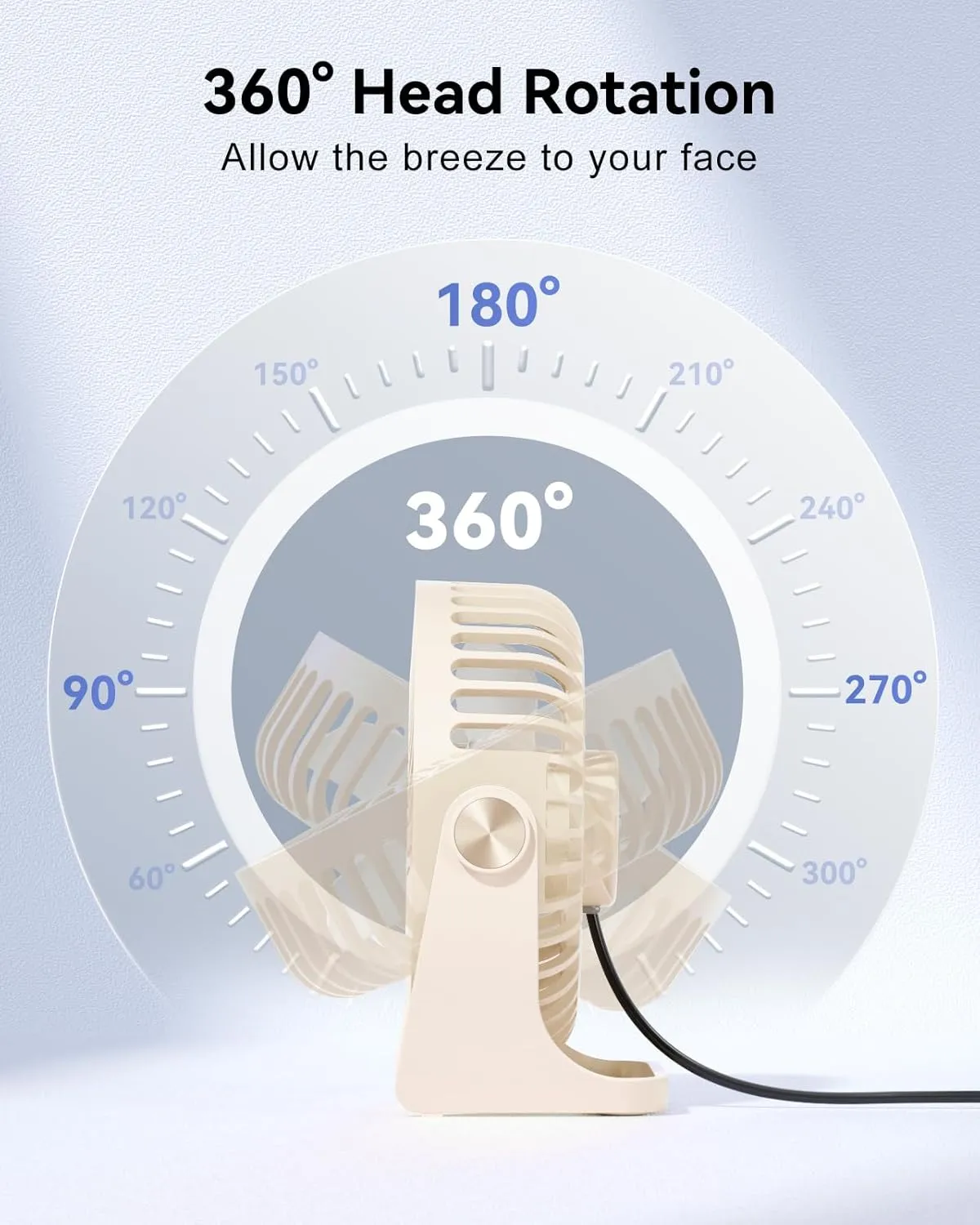 USB Desk Fan, 5 Inch Small Portable, 3 Speeds Powerful Wind Mini Personal Desktop Fan 360 Rotation Adjustable, Plug In USB Fan Quiet for Table Home Office Travel Car(Beige)