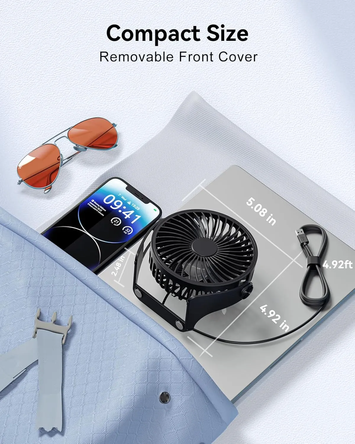 USB Desk Fan, 5 Inch Small Portable, 3 Speeds Powerful Wind Mini Personal Desktop Fan 360 Rotation Adjustable, Plug In USB Fan Quiet for Table Home Office Travel Car(Black)