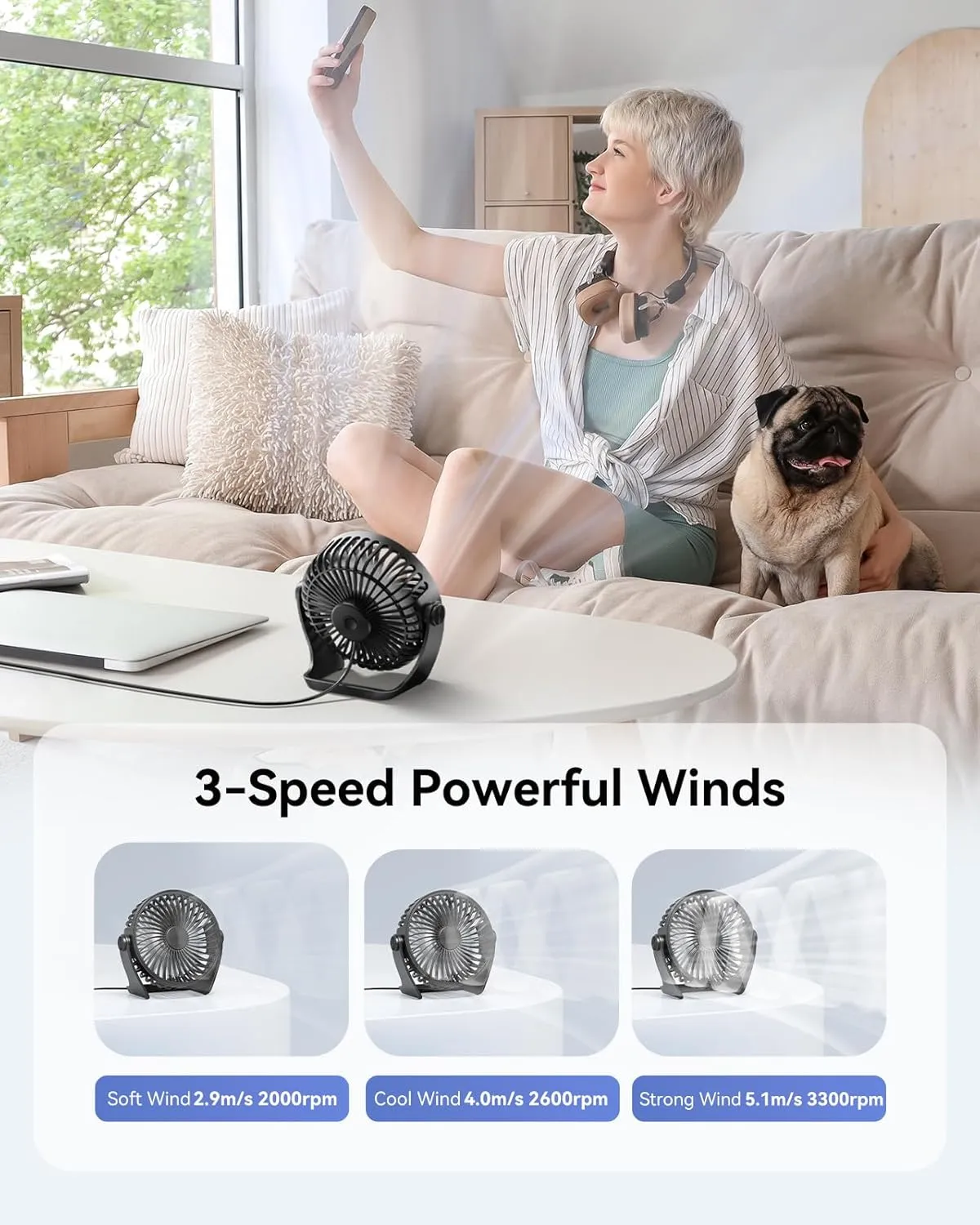 USB Desk Fan, 5 Inch Small Portable, 3 Speeds Powerful Wind Mini Personal Desktop Fan 360 Rotation Adjustable, Plug In USB Fan Quiet for Table Home Office Travel Car(Black)