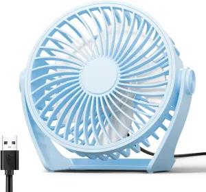 USB Desk Fan, 5 Inch Small Portable, 3 Speeds Powerful Wind Mini Personal Desktop Fan 360 Rotation Adjustable, Plug In USB Fan Quiet for Table Home Office Travel Car(Blue) USB desktop fan for workspace
