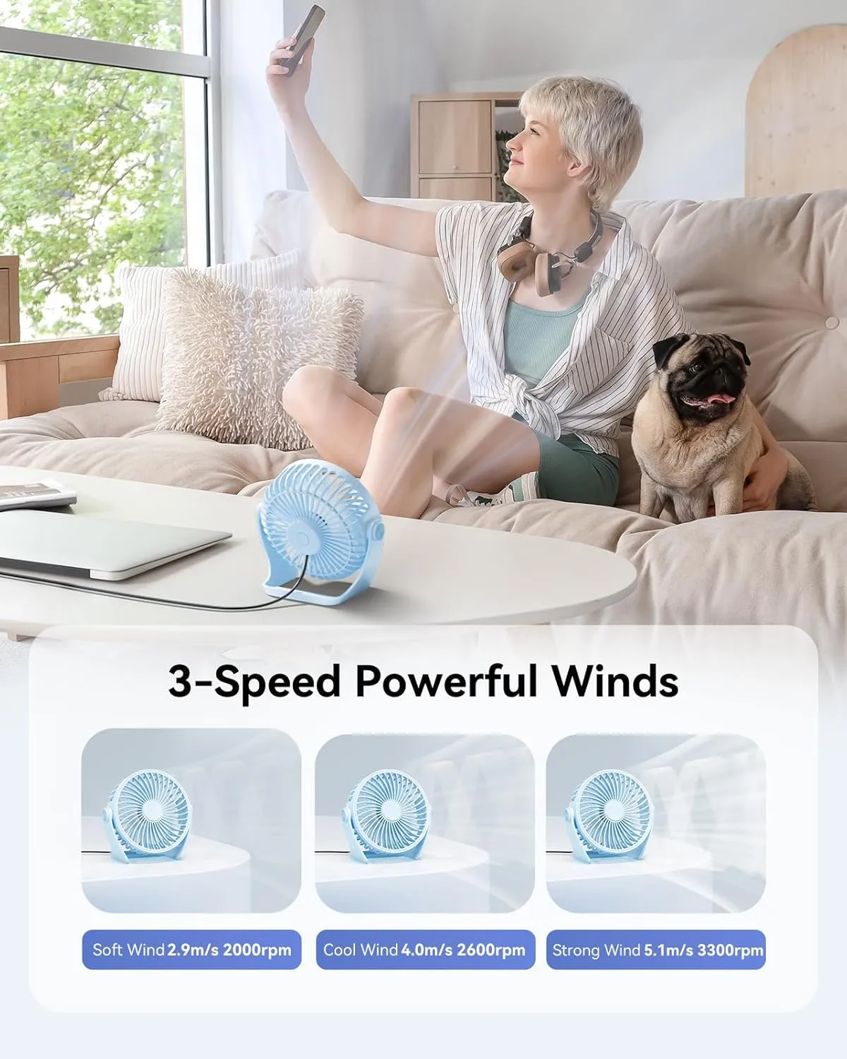 USB Desk Fan, 5 Inch Small Portable, 3 Speeds Powerful Wind Mini Personal Desktop Fan 360 Rotation Adjustable, Plug In USB Fan Quiet for Table Home Office Travel Car(Blue)