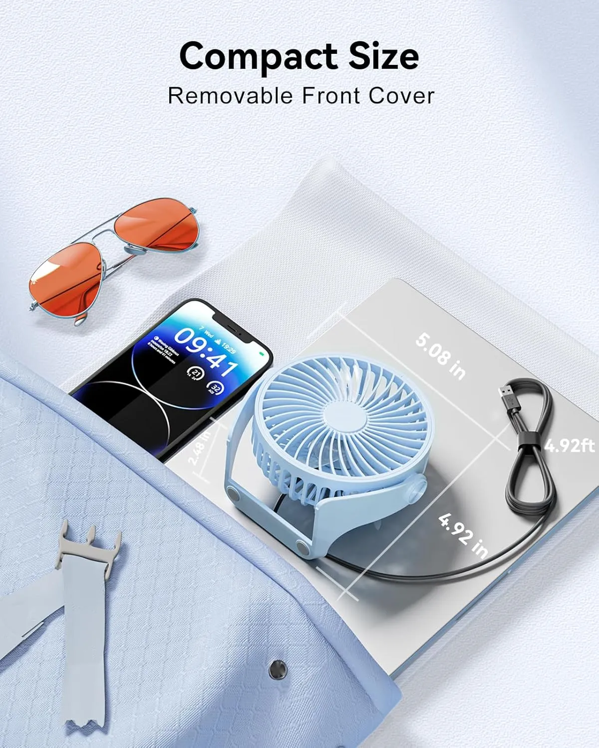 USB Desk Fan, 5 Inch Small Portable, 3 Speeds Powerful Wind Mini Personal Desktop Fan 360 Rotation Adjustable, Plug In USB Fan Quiet for Table Home Office Travel Car(Blue)