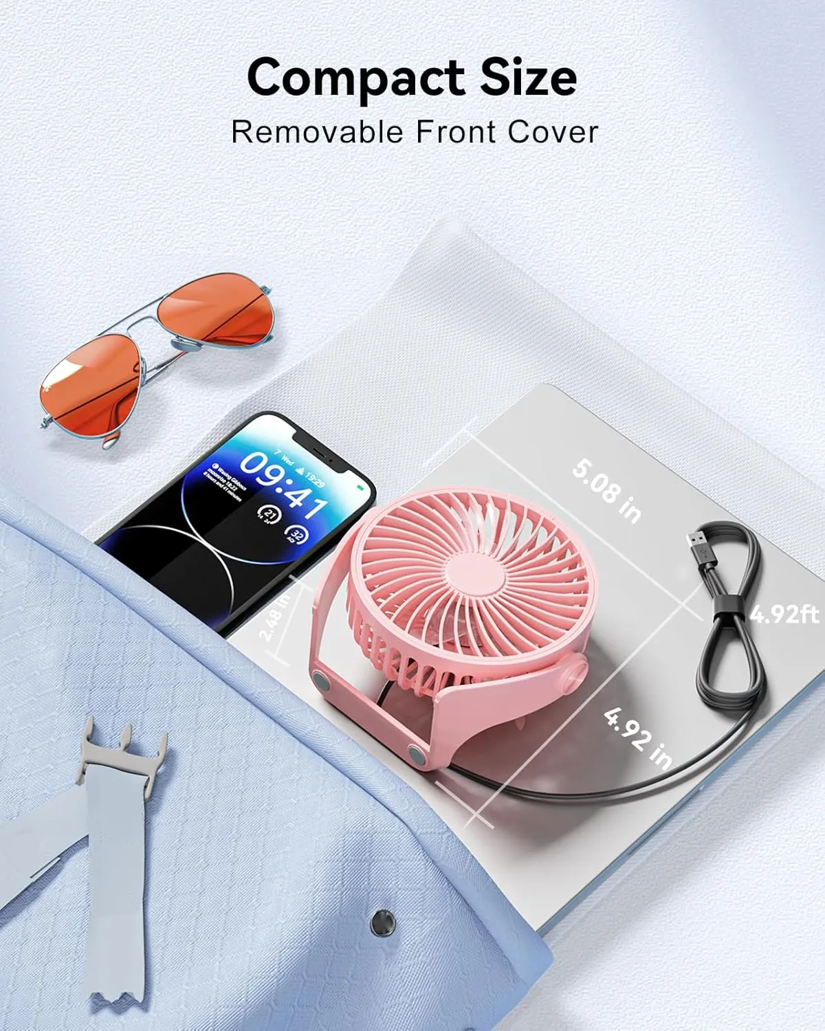 USB Desk Fan, 5 Inch Small Portable, 3 Speeds Powerful Wind Mini Personal Desktop Fan 360 Rotation Adjustable, Plug In USB Fan Quiet for Table Home Office Travel Car(Pink)