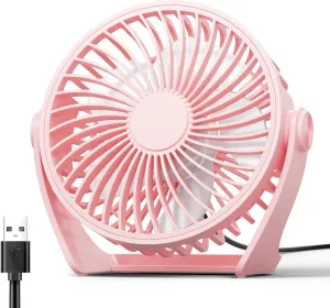 USB Desk Fan, 5 Inch Small Portable, 3 Speeds Powerful Wind Mini Personal Desktop Fan 360 Rotation Adjustable, Plug In USB Fan Quiet for Table Home Office Travel Car(Pink) USB desktop fan for workspace