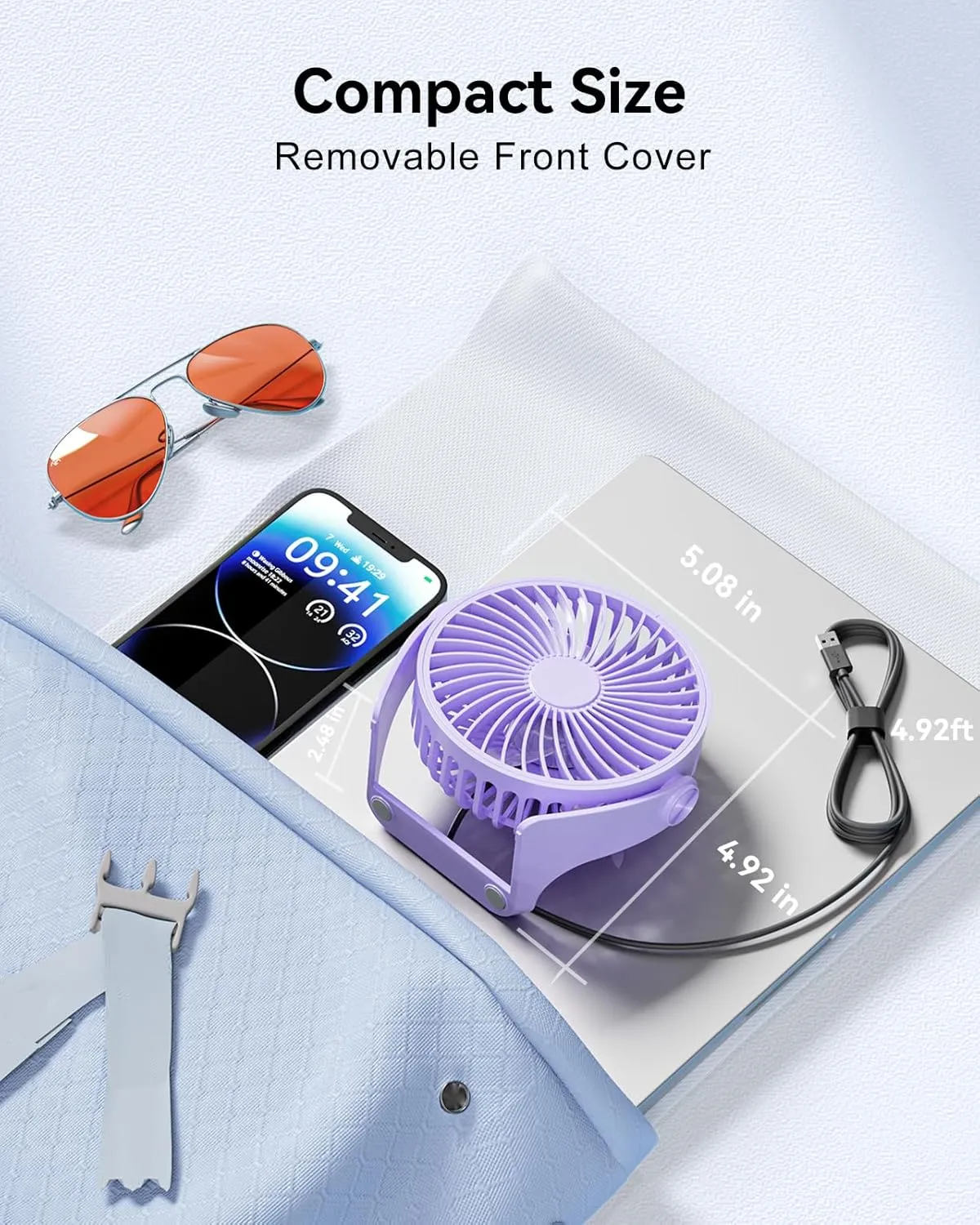 USB Desk Fan, 5 Inch Small Portable, 3 Speeds Powerful Wind Mini Personal Desktop Fan 360 Rotation Adjustable, Plug In USB Fan Quiet for Table Home Office Travel Car(Purple)