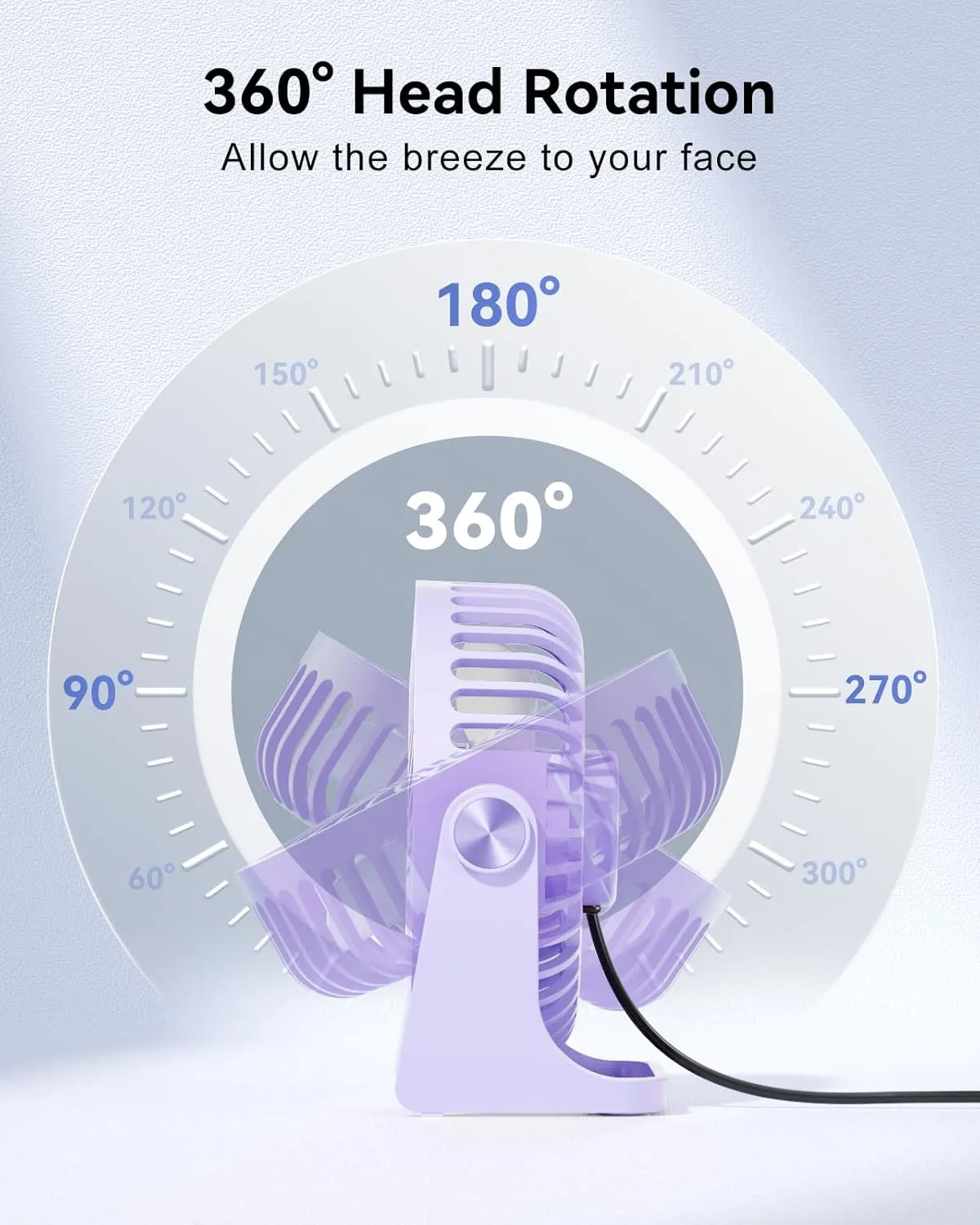 USB Desk Fan, 5 Inch Small Portable, 3 Speeds Powerful Wind Mini Personal Desktop Fan 360 Rotation Adjustable, Plug In USB Fan Quiet for Table Home Office Travel Car(Purple)