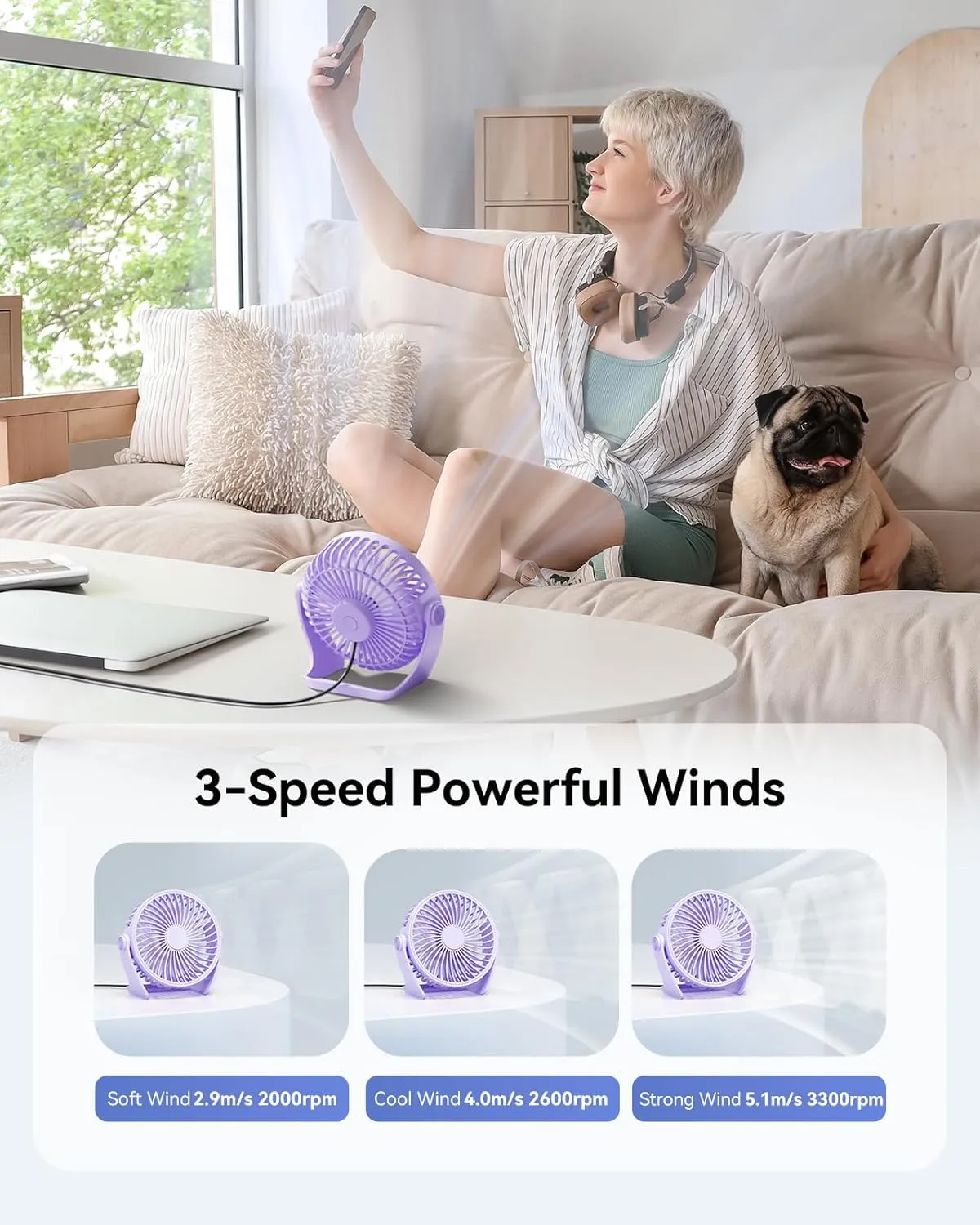 USB Desk Fan, 5 Inch Small Portable, 3 Speeds Powerful Wind Mini Personal Desktop Fan 360 Rotation Adjustable, Plug In USB Fan Quiet for Table Home Office Travel Car(Purple)